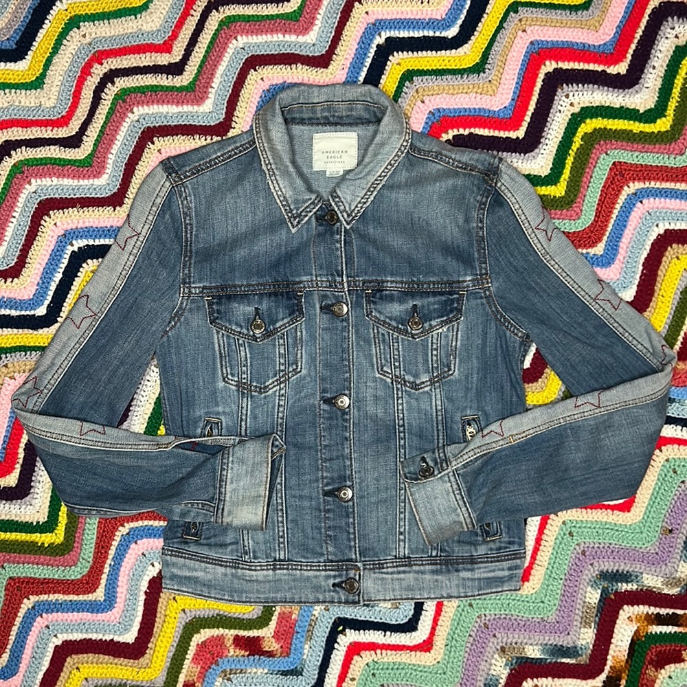American Eagle Denim Jacket With Embroidered Slee… - image 2